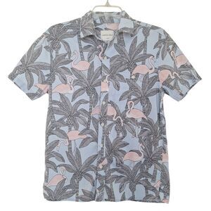 American Eagle Flex Cotton Shirt Blue Flamingo Button Up Mens S Beach Casual